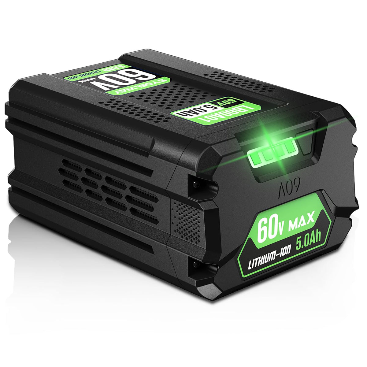 Sydelway Greenworks 60V battery front view highlighting extended runtime