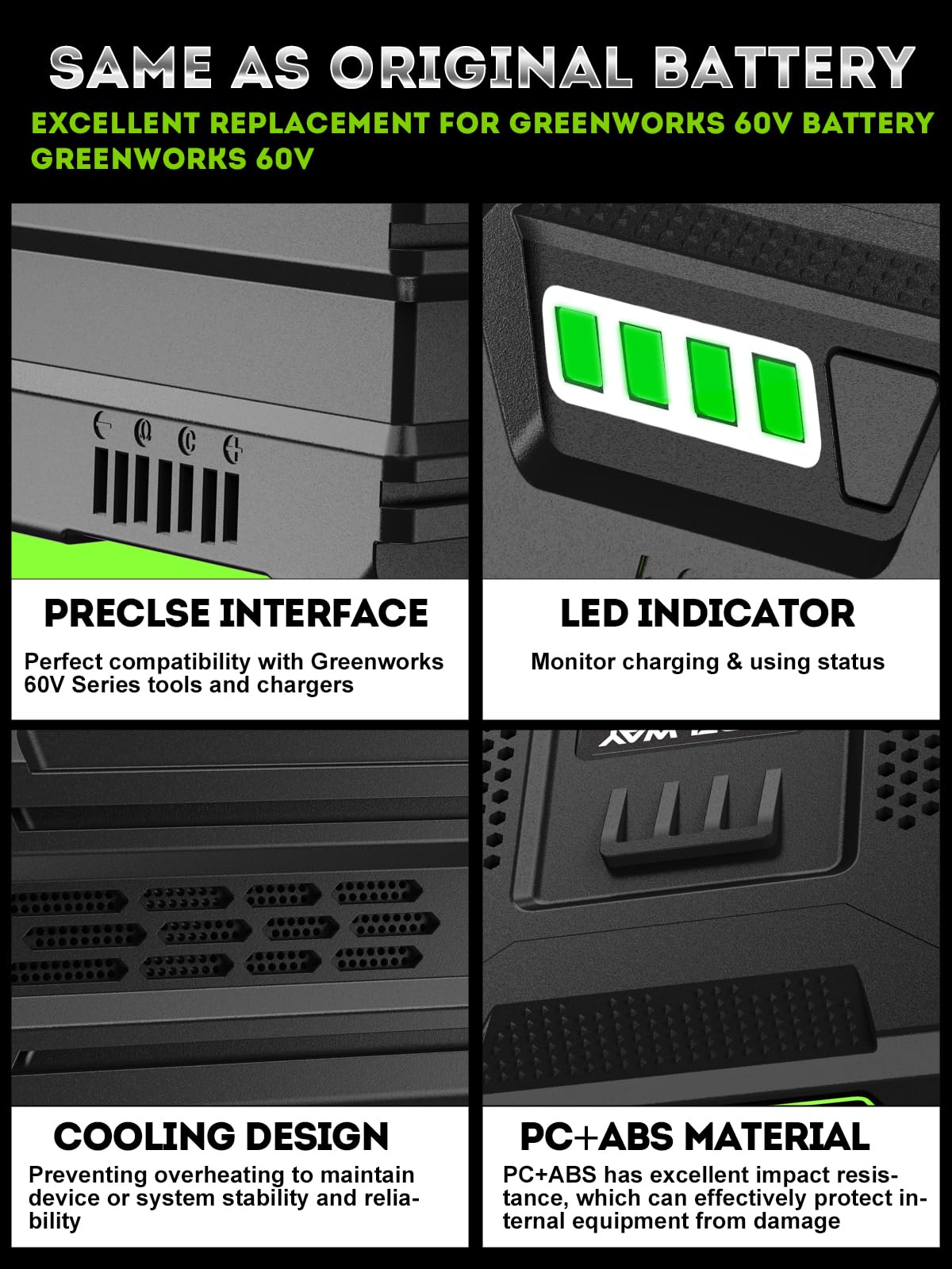 Sydelway Greenworks 60V battery LED indicators for power check