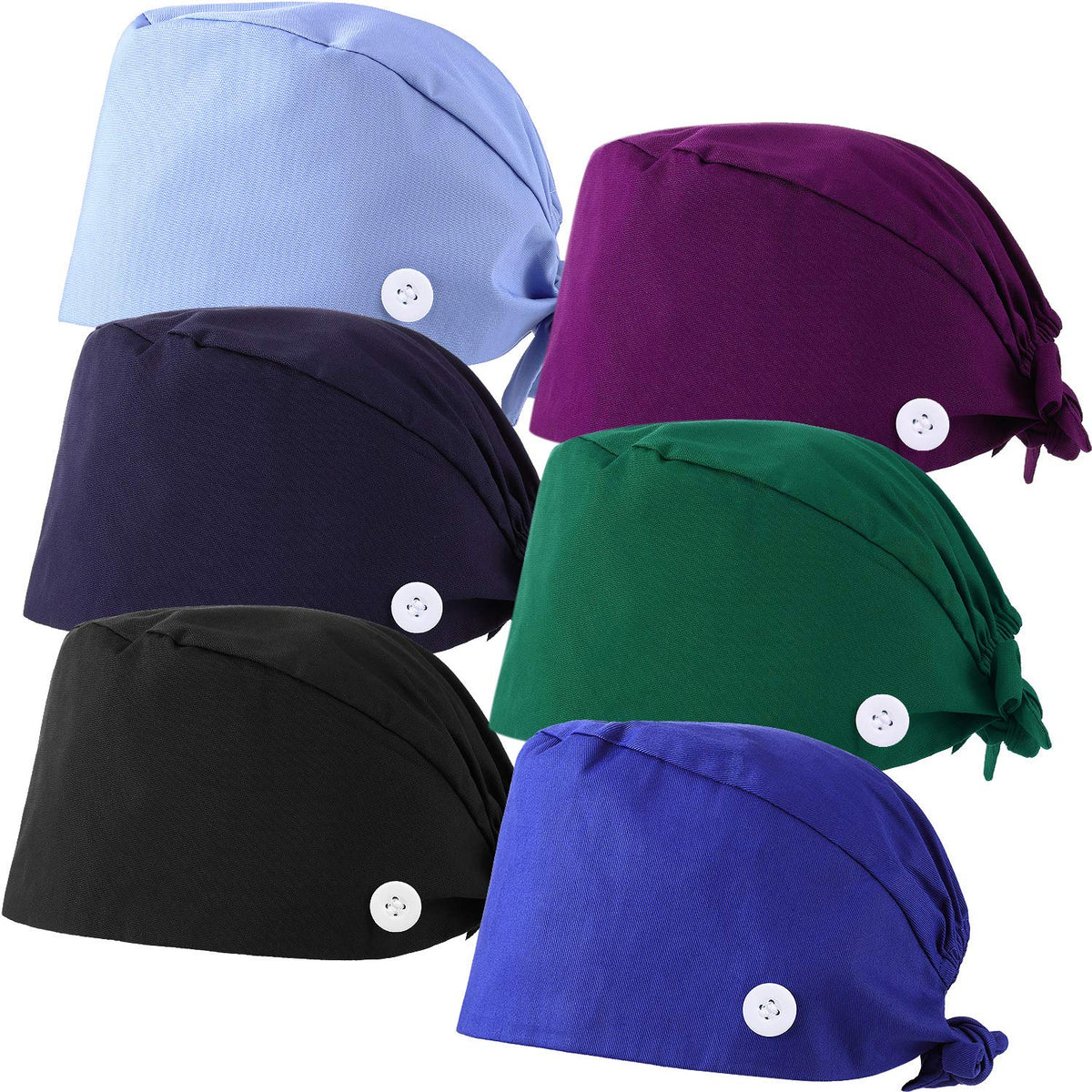Syhood bouffant cap with side buttons for comfortable mask ties