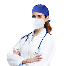 Syhood bouffant cap with face cover button design reduces ear strain