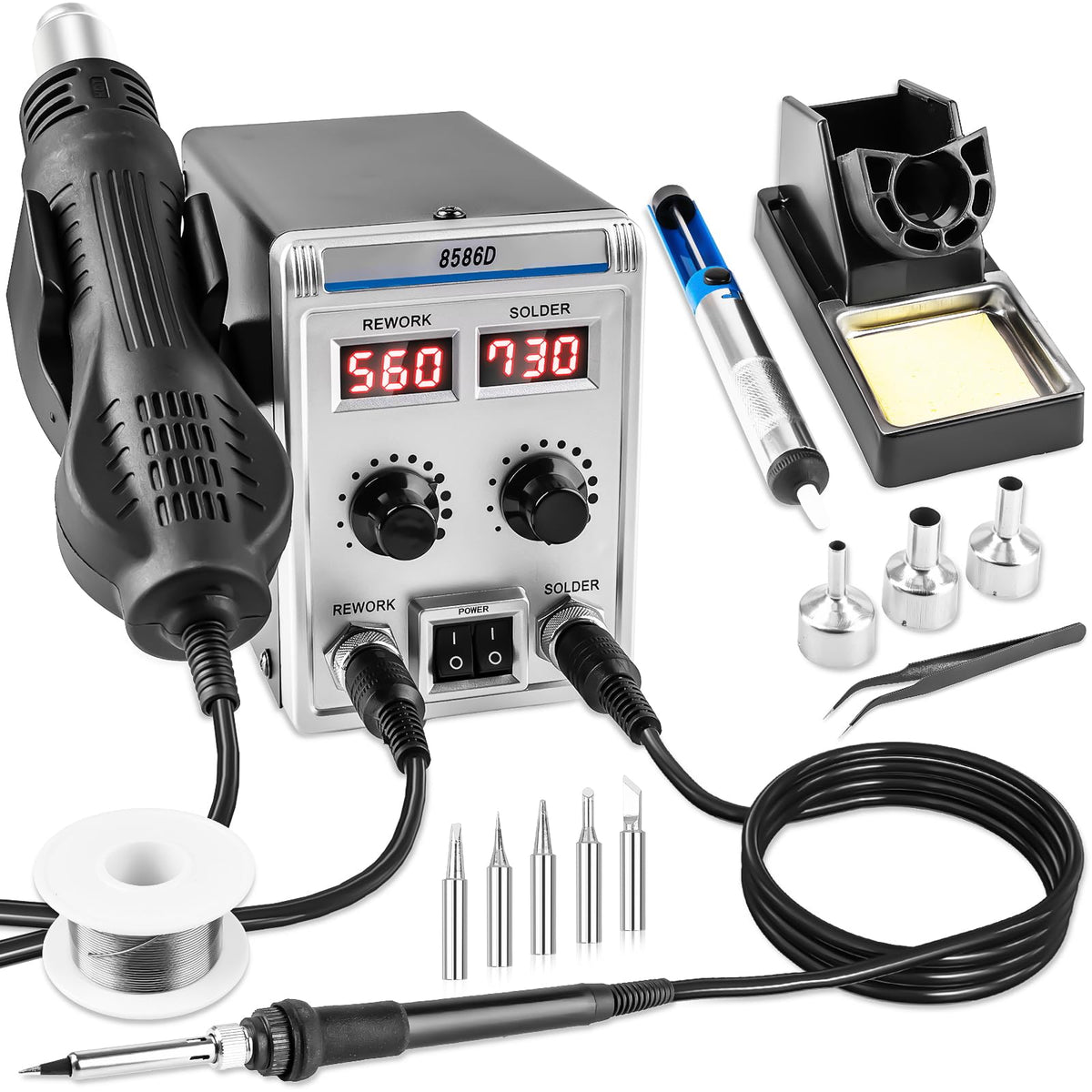 Syizyen 8586D soldering station front view with dual displays for precise control