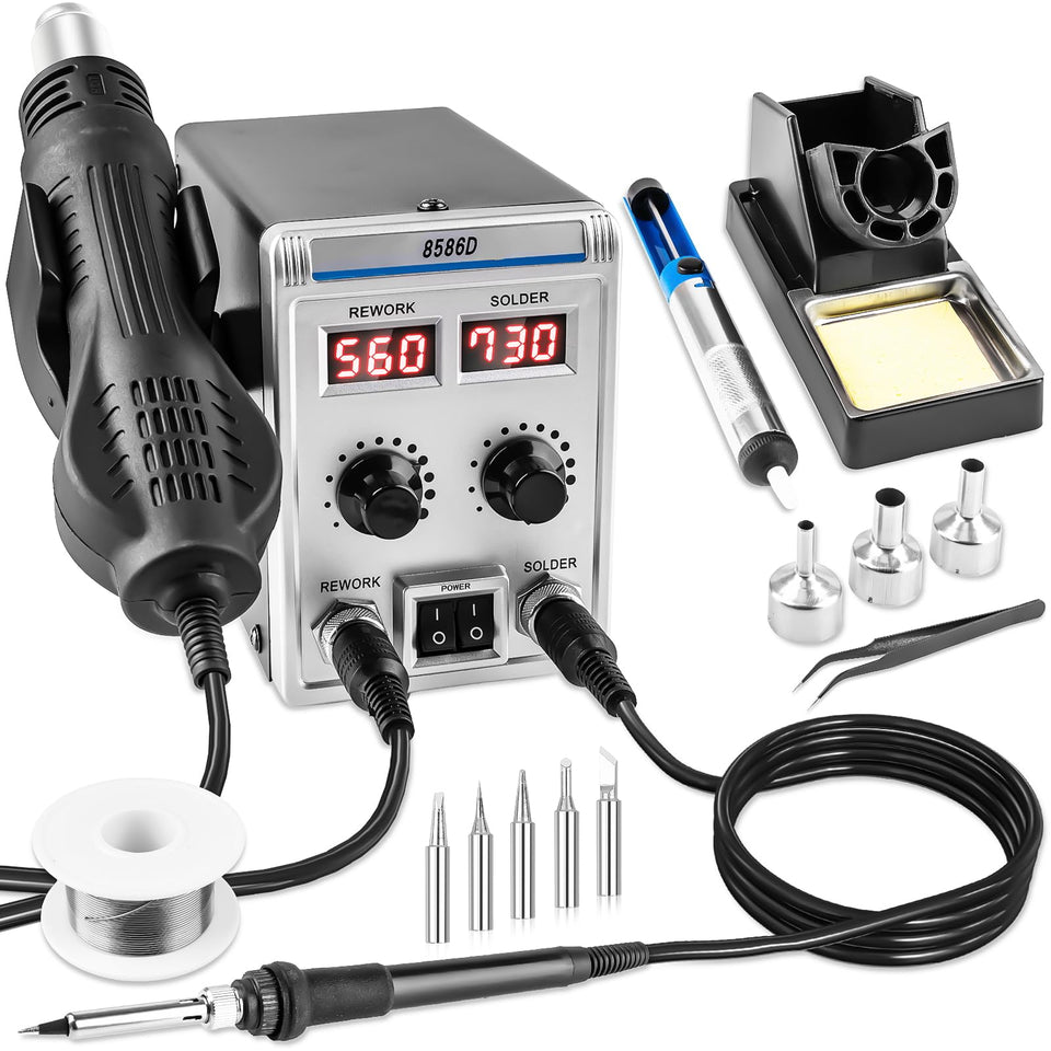 Syizyen 8586D soldering station front view with dual displays for precise control