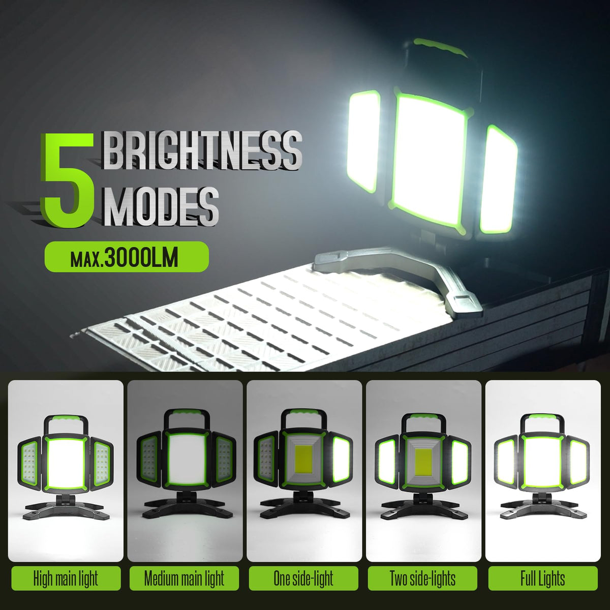 Five adjustable modes for spot, flood, and ambient lighting across tasks.