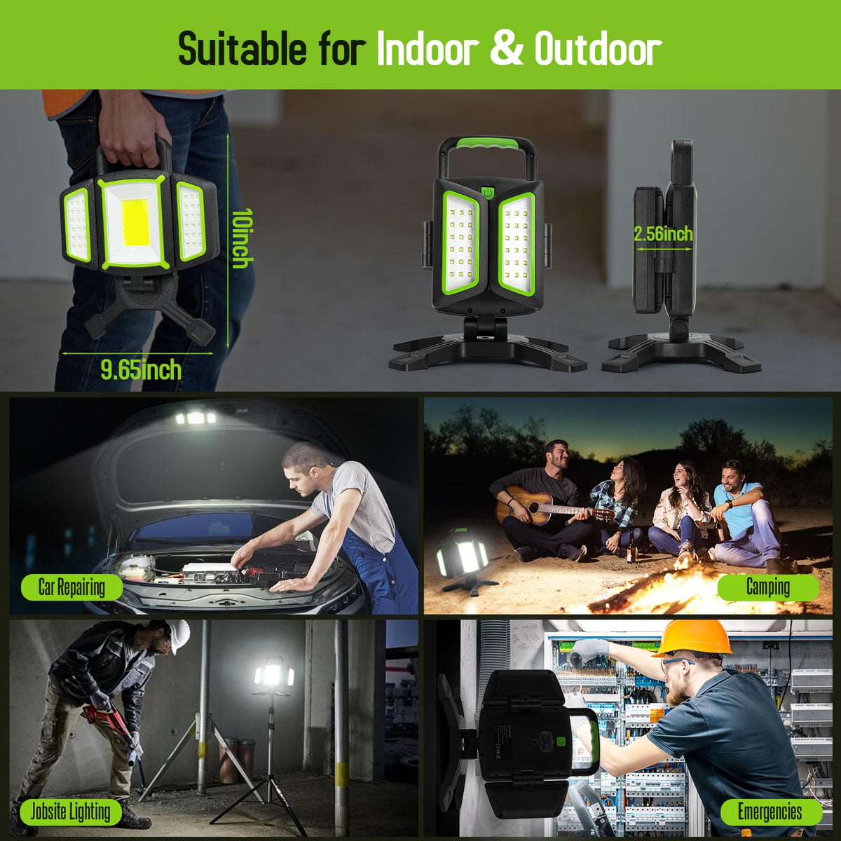Ideal for garages, job sites, camping, and roadside emergencies with portable light.