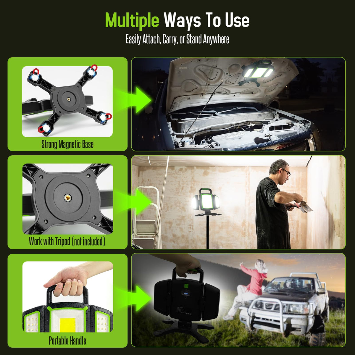 Four reinforced magnets secure the light to metal surfaces during repairs.