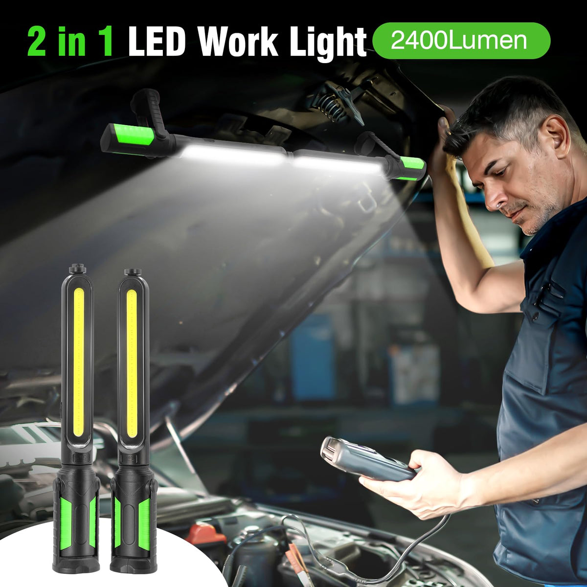 SYLSTAR work light with concealed hooks for versatile mounting.