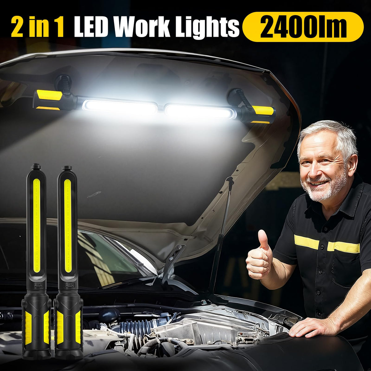 Sylstar work light shows dual magnets and hooks for hands-free mounting.
