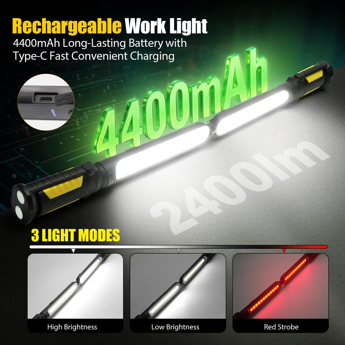 Sylstar work light recharges via Type-C with visible battery indicators.