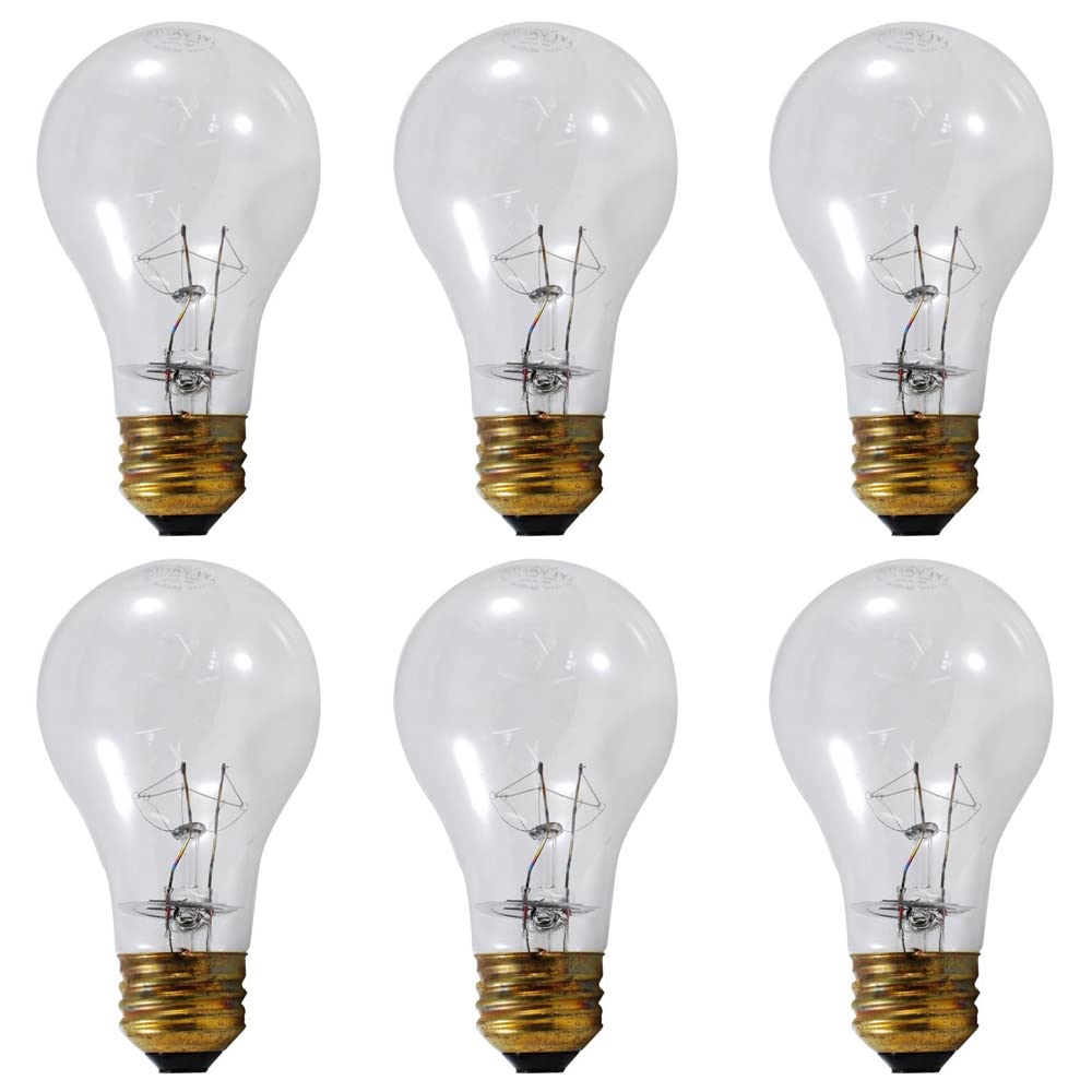 Sylvania 60A19 clear glass bulb shining in a lamp with warm light