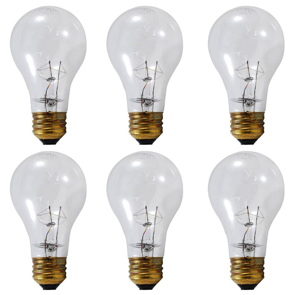 Sylvania 60A19 clear glass bulb shining in a lamp with warm light