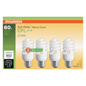 SYLVANIA CFL T2 Twist 4-pack pack-shot highlights energy efficiency and long life.