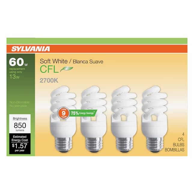 SYLVANIA CFL T2 Twist 4-pack pack-shot highlights energy efficiency and long life.