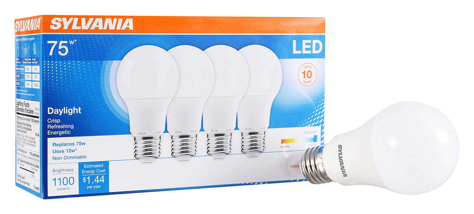 Sylvania LED A19 four-pack packaging for convenient home lighting.