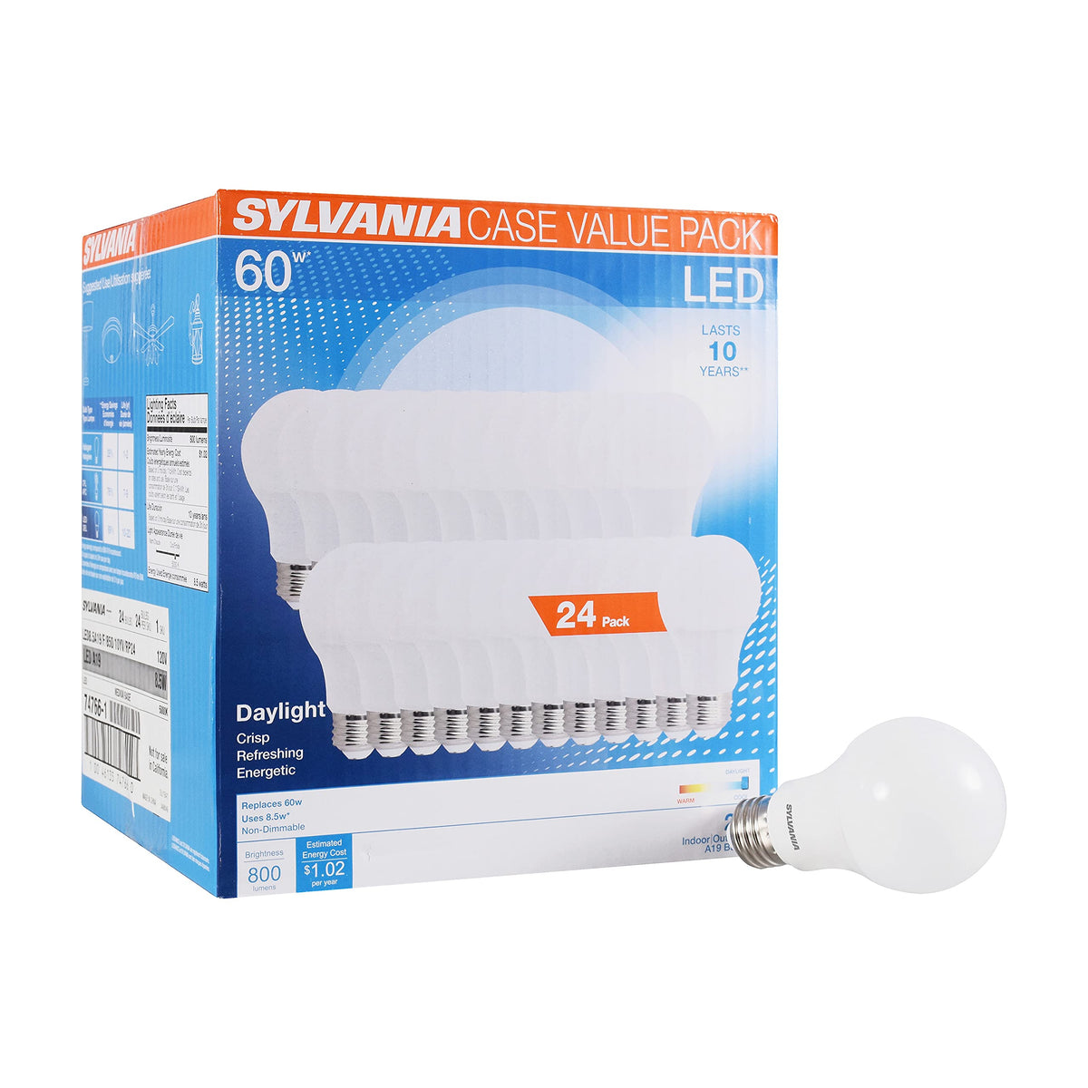 Sylvania LED A19 daylight bulb showing instant brightness and energy efficiency.