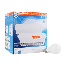 Sylvania LED A19 daylight bulb showing instant brightness and energy efficiency.