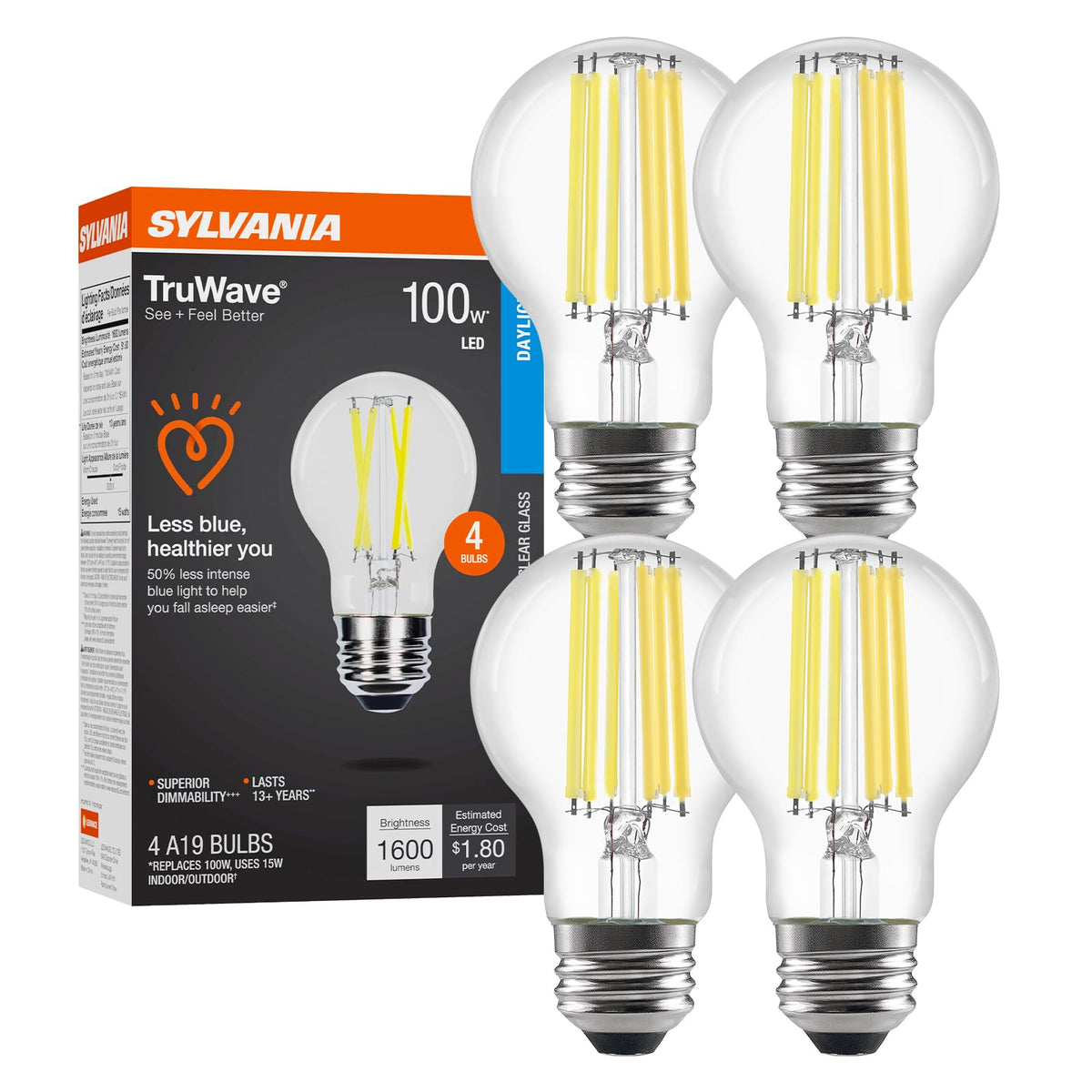 Sylvania TruWave Natural A19 bulb, clear finish, 5000K daylight for vibrant colors