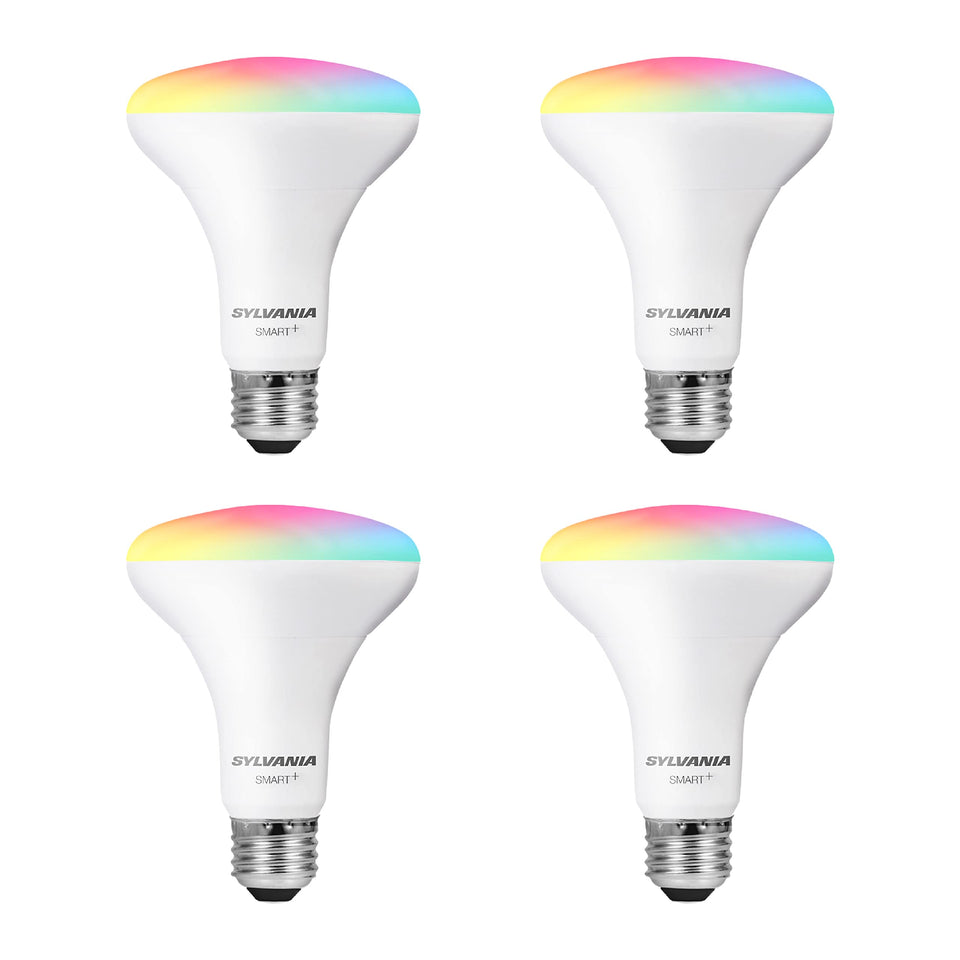 Sylvania BR30 smart bulb in color mode for mood lighting.