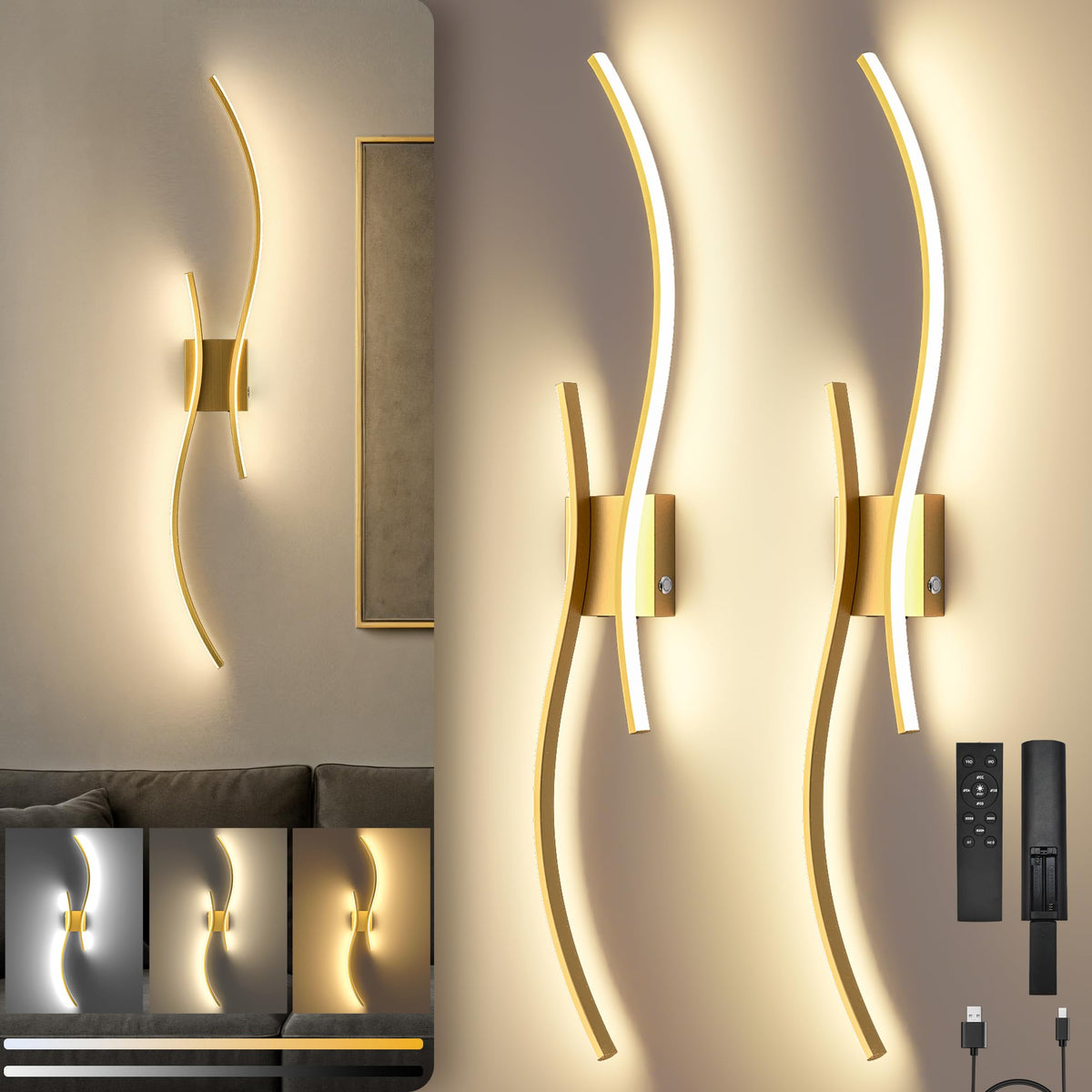 SyncGlow battery powered wall sconce with gold finish for quick, wire-free installation.