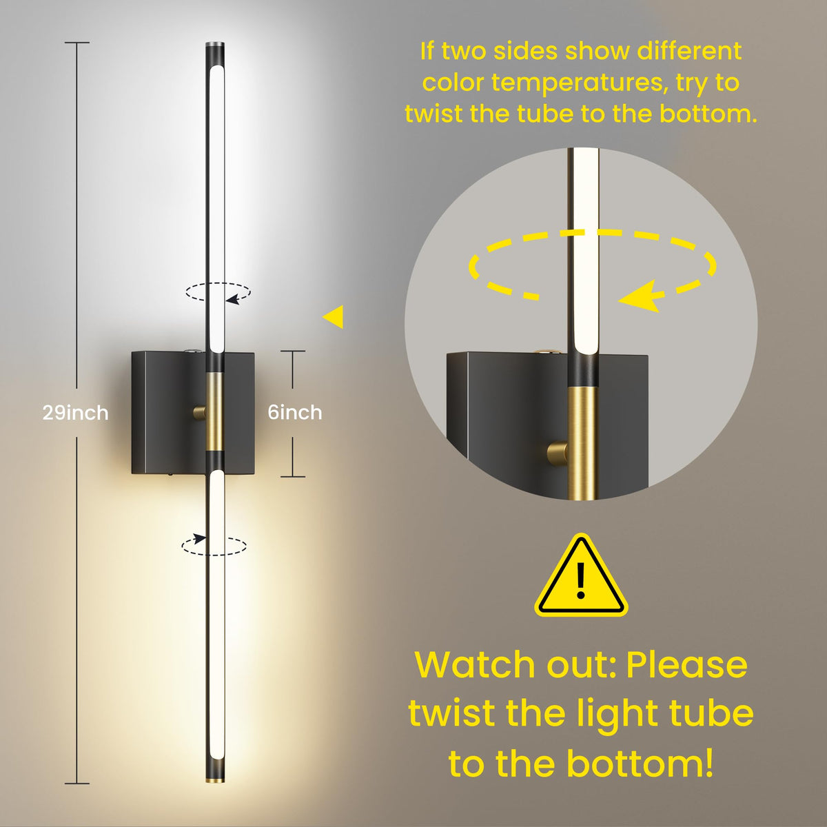 SyncGlow wall sconce close-up, black gold aluminum construction.