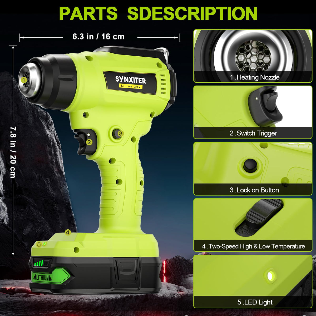 Synxiter heat gun nozzle kit enabling versatile applications like shrinking tubing and electronics work.