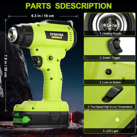 Synxiter heat gun nozzle kit enabling versatile applications like shrinking tubing and electronics work.