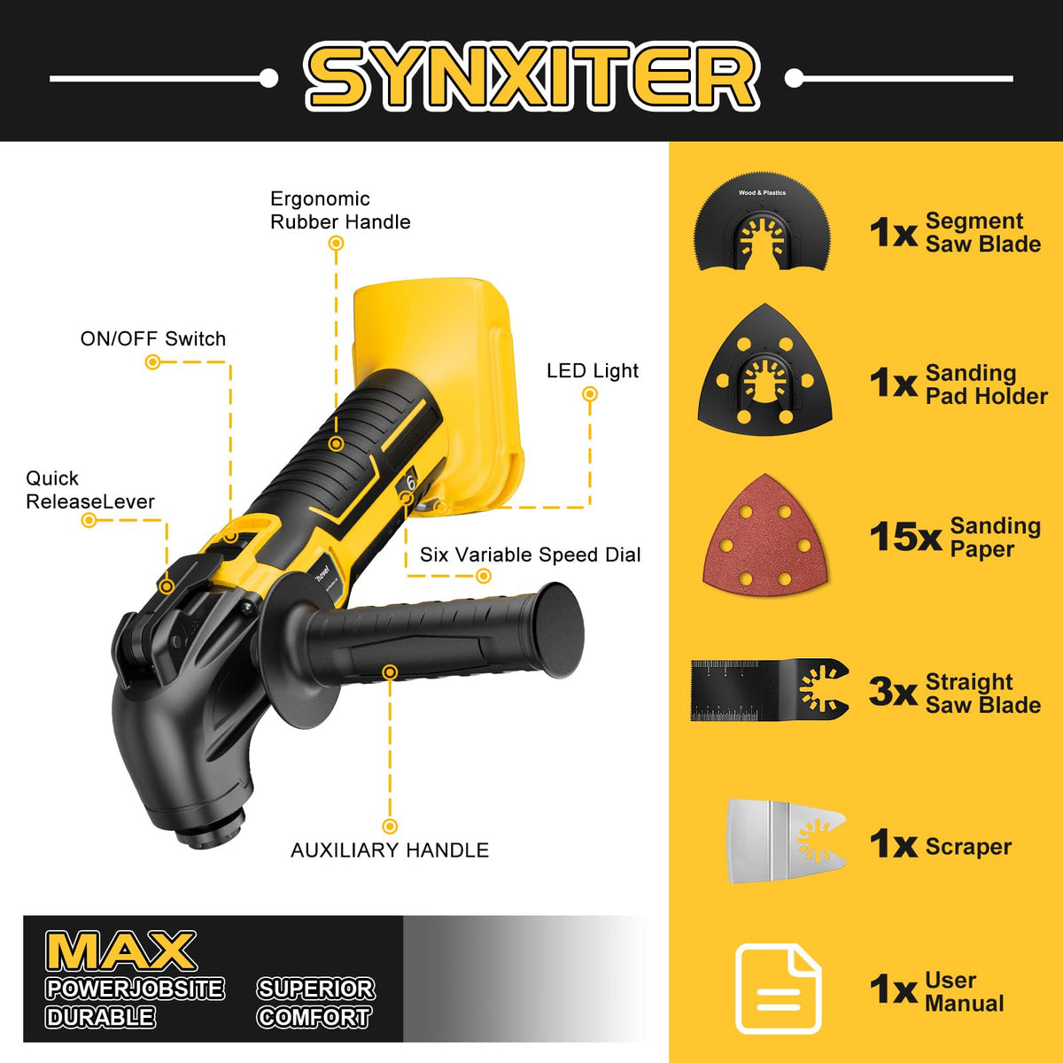 Synxiter oscillating tool with variable speed control for versatile tasks.