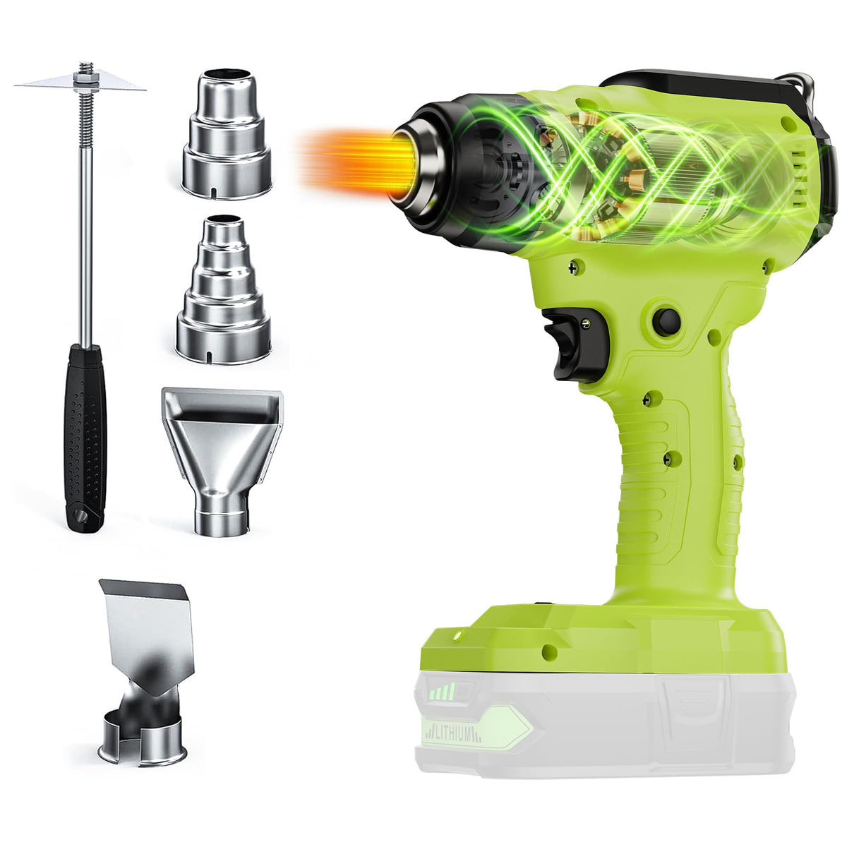 Synxiter Ryobi 18V cordless heat gun with LED light for precise work in dim areas.