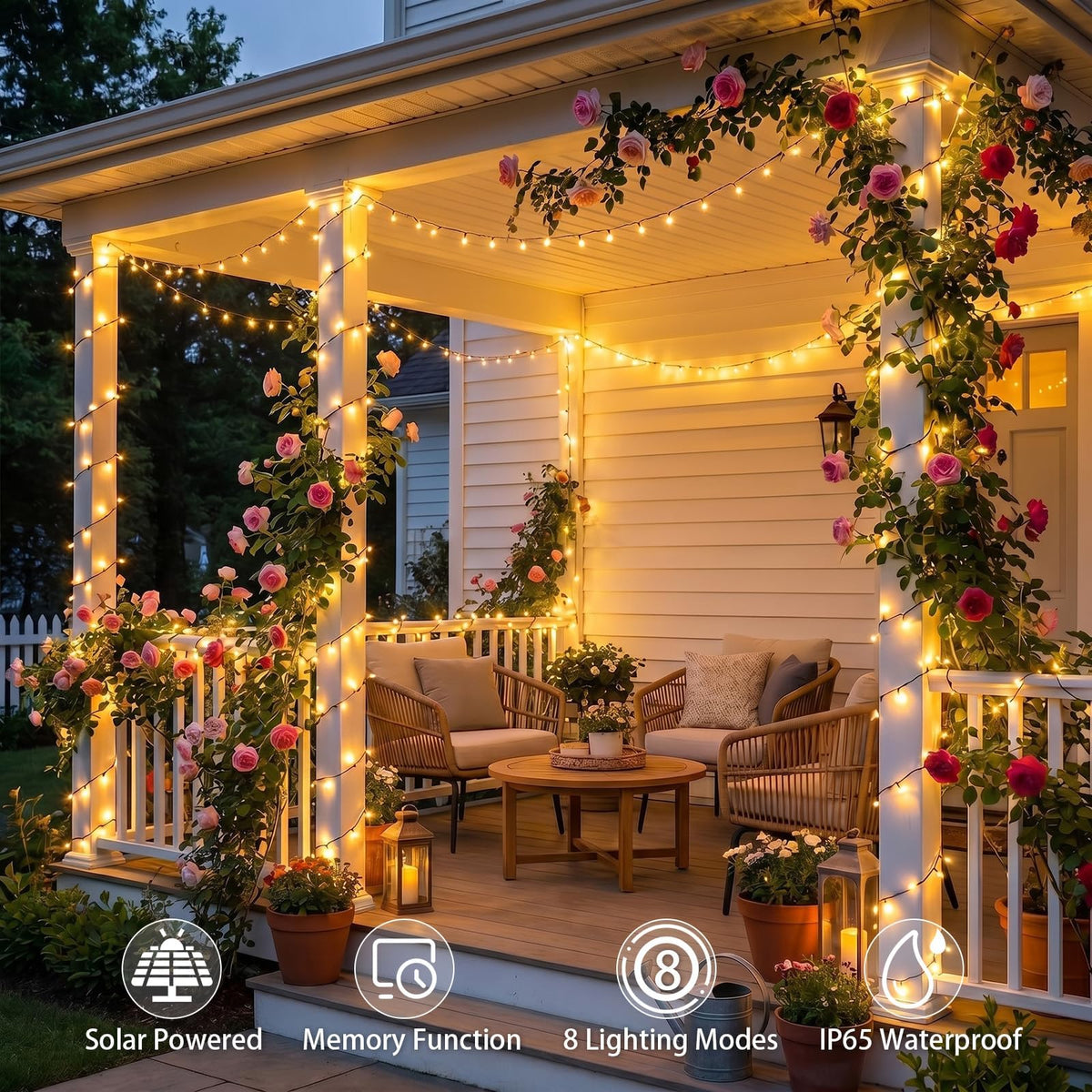 SyouHome solar string lights create patio ambience with soft, energy-efficient lighting.