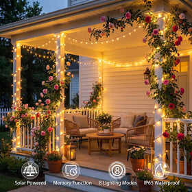 SyouHome solar string lights create patio ambience with soft, energy-efficient lighting.