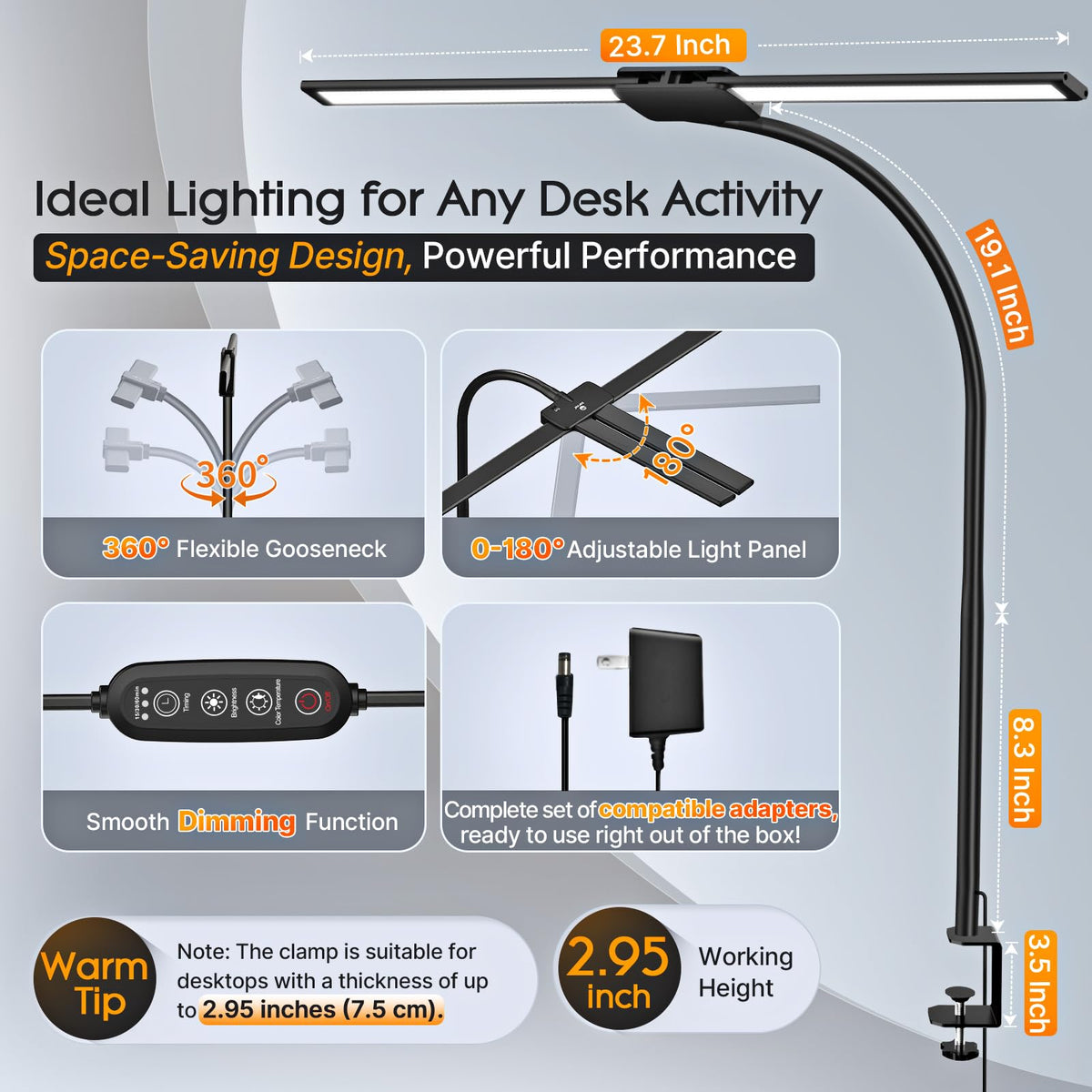 Syrinx desk lamp includes 180-degree swing arms for targeted light on papers.
