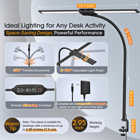 Syrinx desk lamp includes 180-degree swing arms for targeted light on papers.