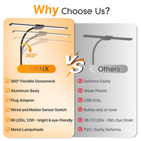 Syrinx LED desk lamp offers 360-degree gooseneck for flexible task lighting.
