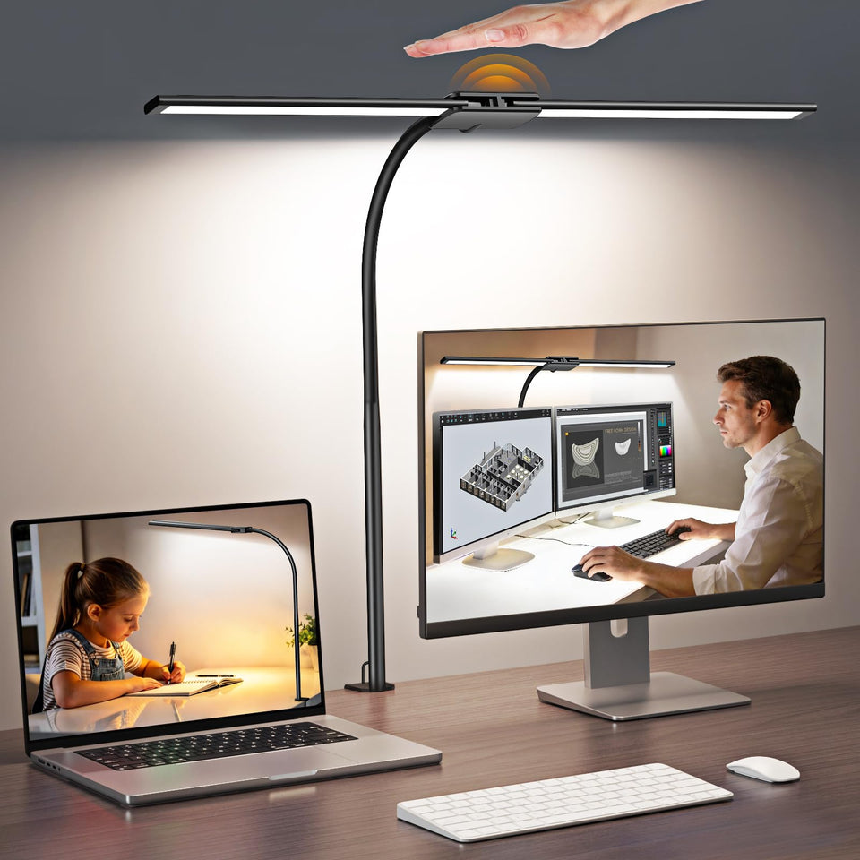 Syrinx LED desk lamp with dual-head architecture illuminates your workspace precisely.