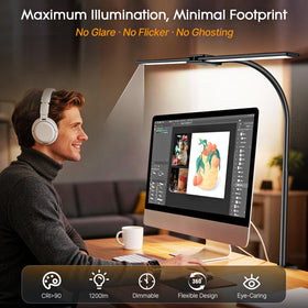 Syrinx wide light bar reaches across dual monitors for even coverage.