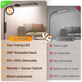 Syrinx dual-head gooseneck lamp provides targeted reading and task lighting.