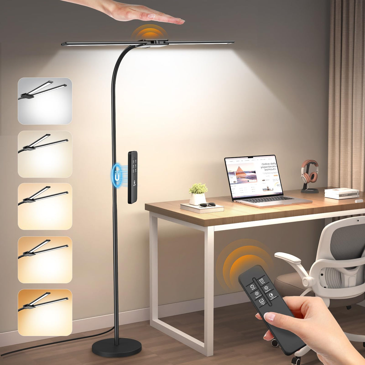 Syrinx LED floor lamp with gesture control for hands-free on/off and precise lighting.