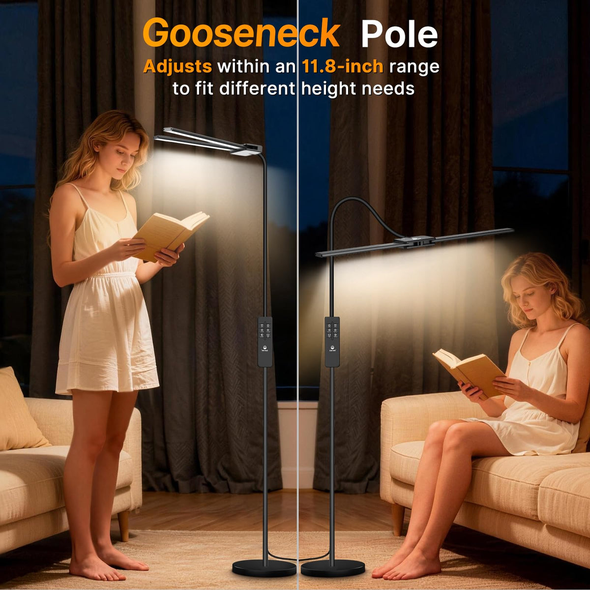 Syrinx lamp reaches 59 inches for large workspaces and tall setups.