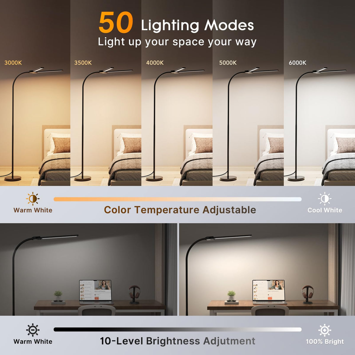 Syrinx floor lamp with remote control for quick brightness and temperature tweaks.