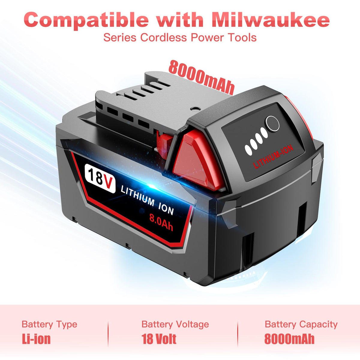 Syvenies 8.0Ah pack powers Milwaukee tools longer with compatible chargers.