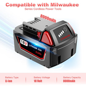 Syvenies 8.0Ah pack powers Milwaukee tools longer with compatible chargers.