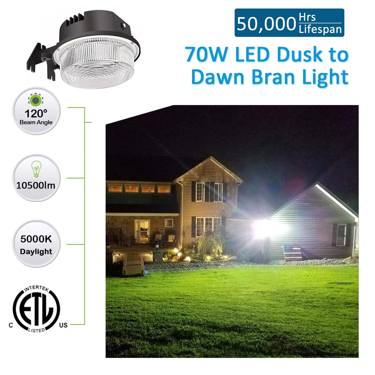 SZGMJIA LED Barn Light side-angle view highlighting 70W efficiency for driveways.