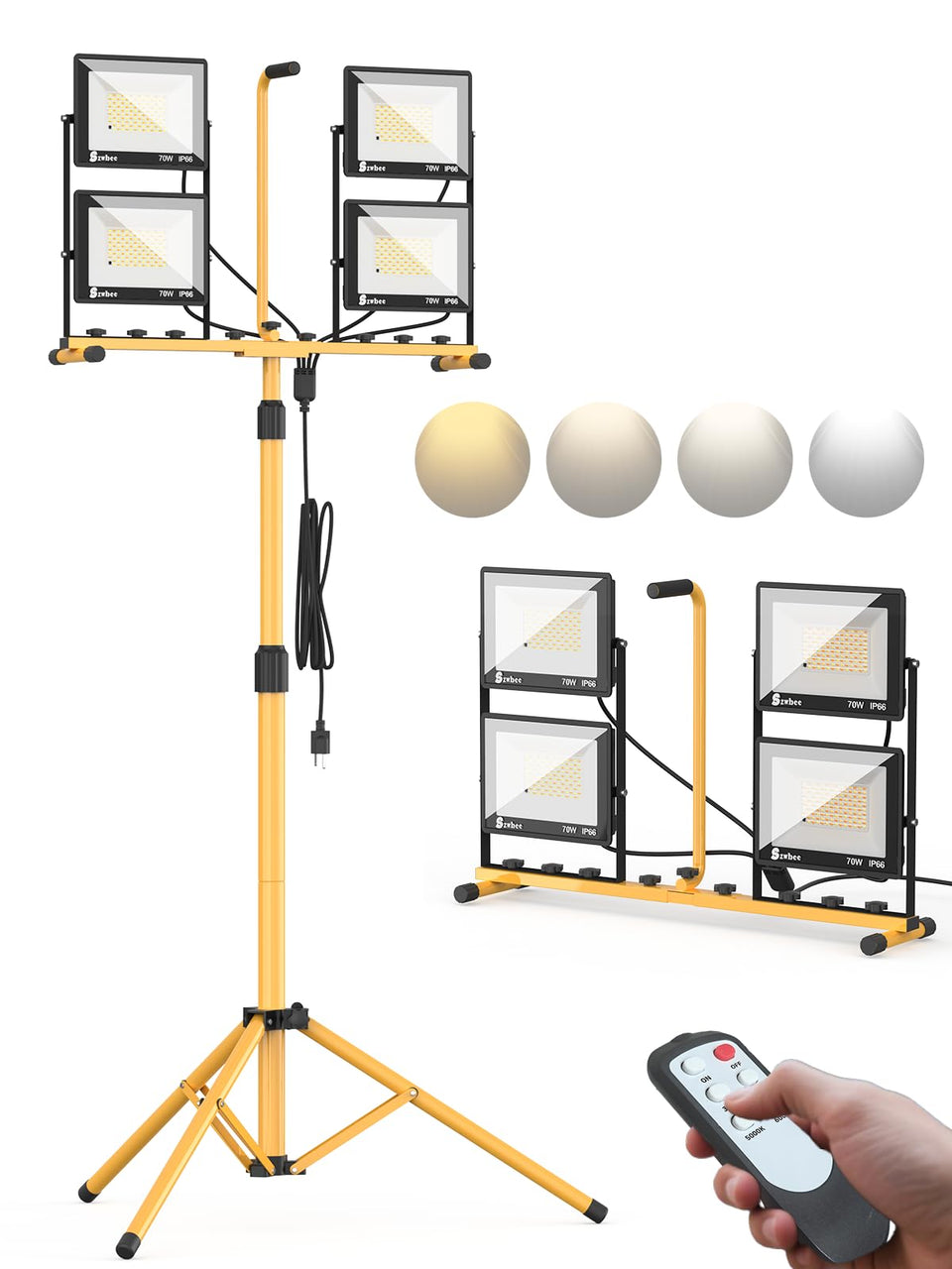 Szwbee 32000-lumen LED work light on a stand with remote for versatile job-site lighting.