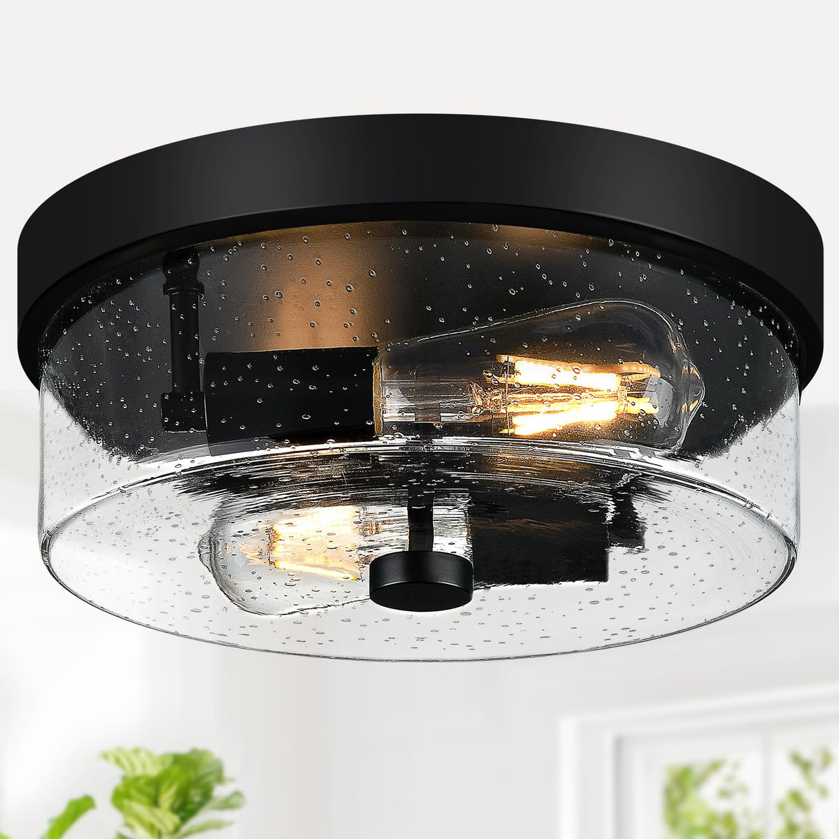 SZZGCO black flush mount ceiling light with seeded glass for bright, even hallway illumination.