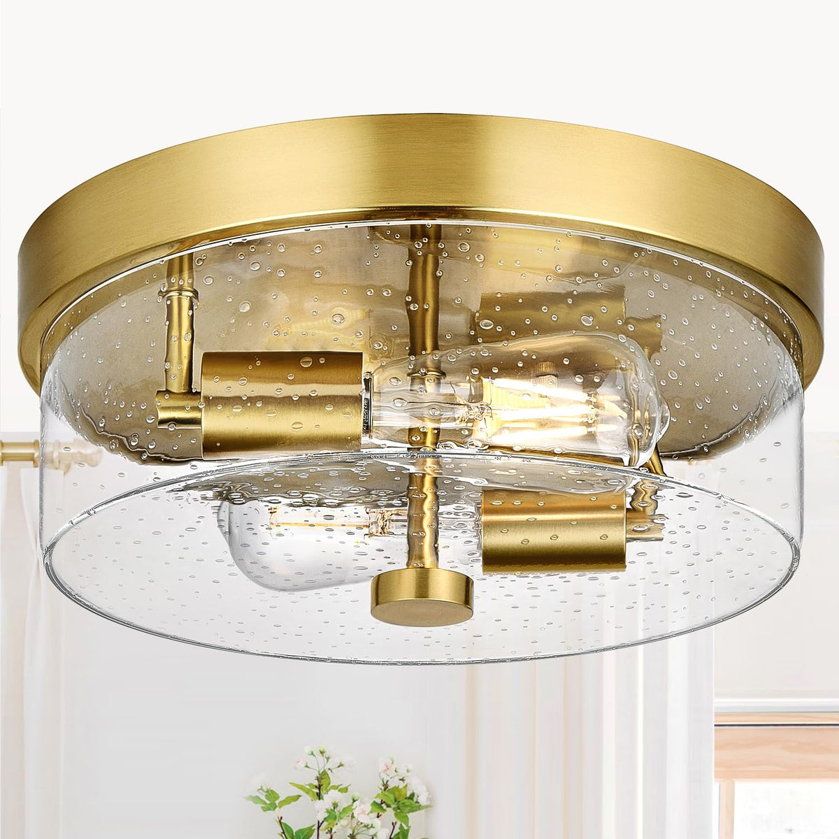 Szzgco flush mount gold finish with seeded glass shade illuminating a hallway elegantly