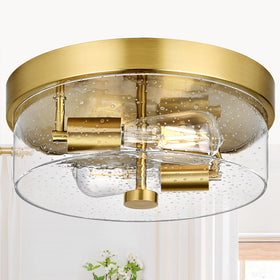 Szzgco flush mount gold finish with seeded glass shade illuminating a hallway elegantly