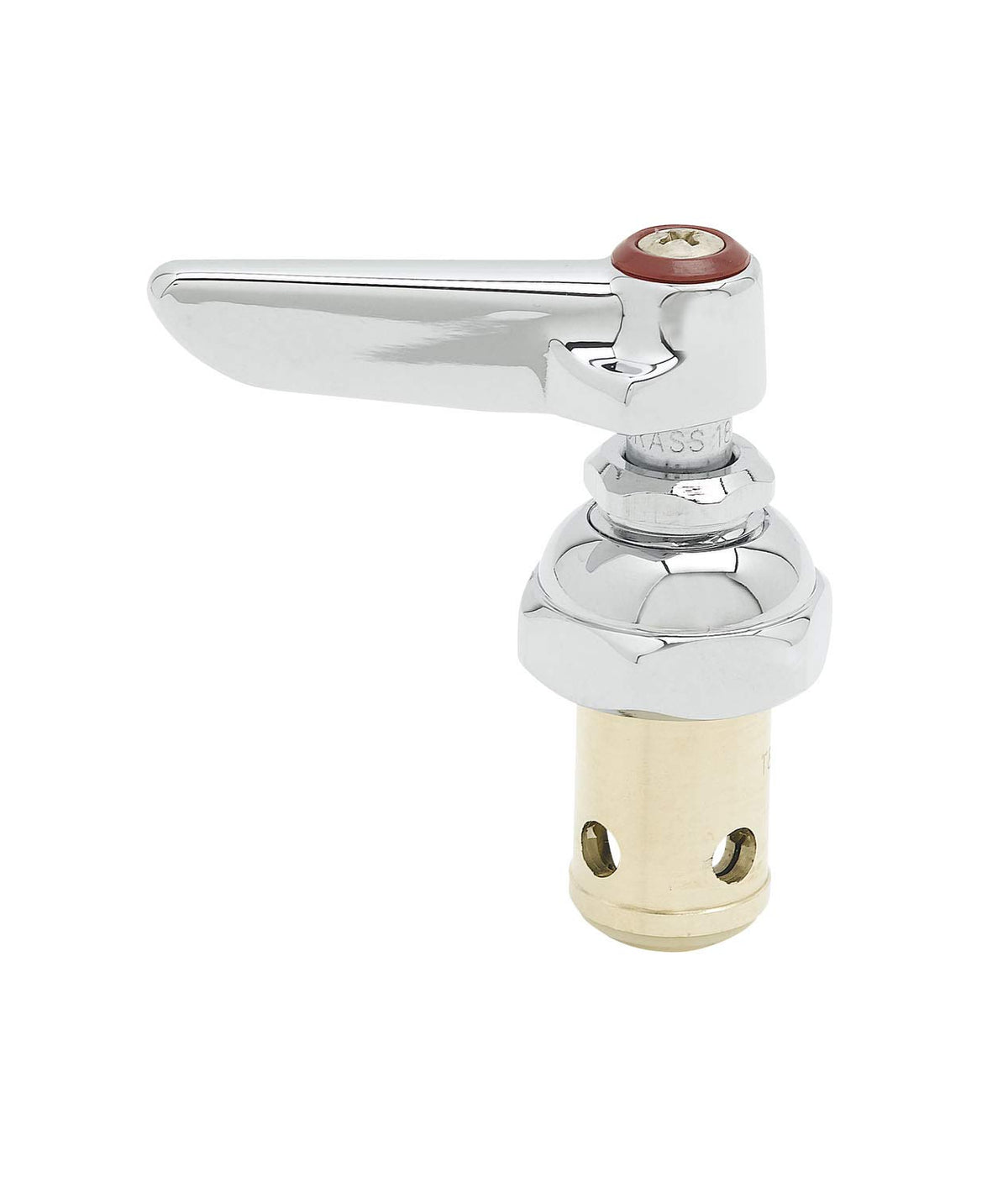 T&S Brass lever handle with red index button for quick hot identification.