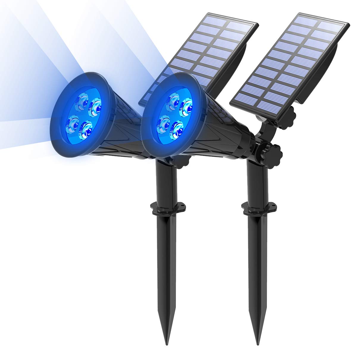 T-SUN blue solar spotlight, front view, ideal for garden edging.