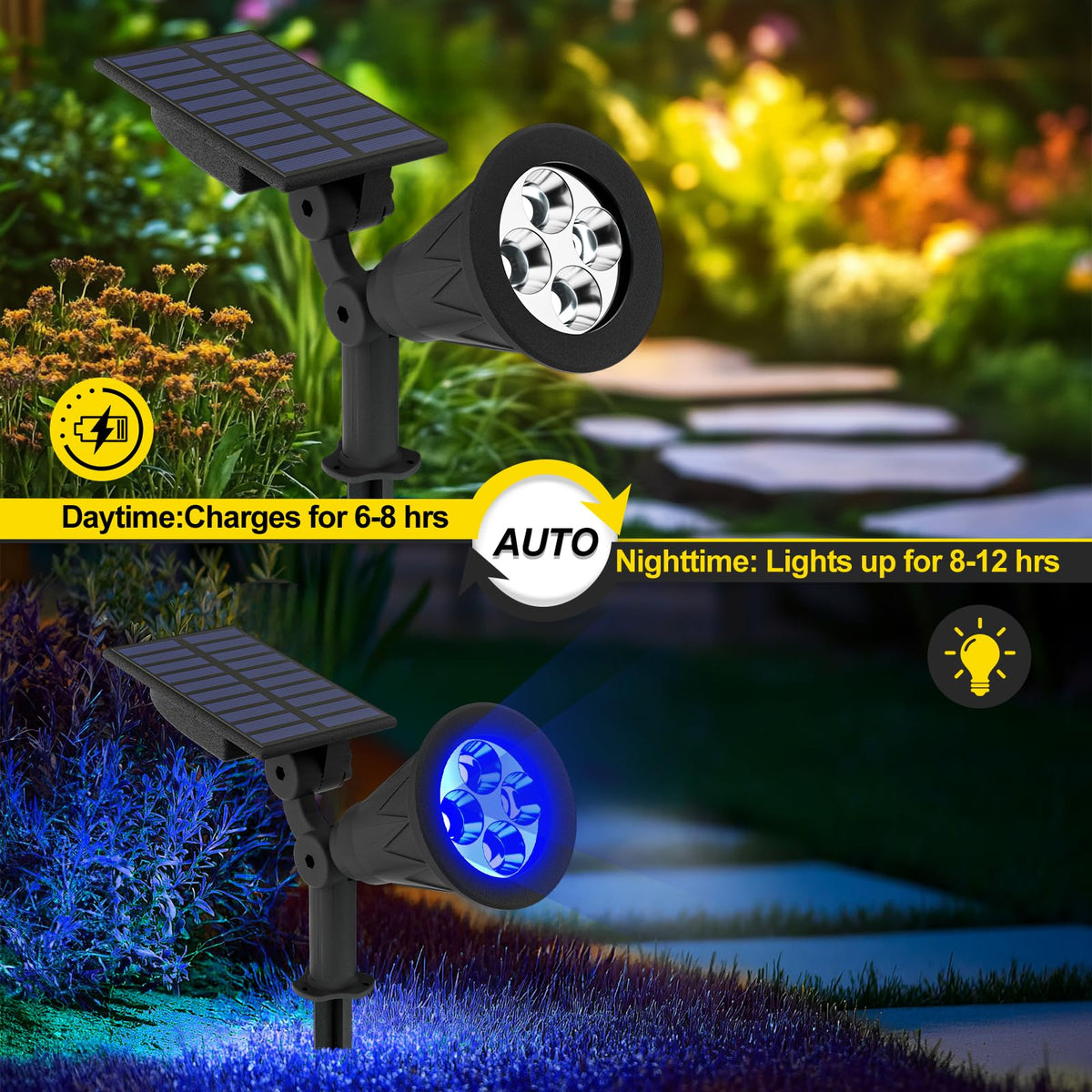 T-SUN blue solar spotlight mounted with ground stake for quick setup.