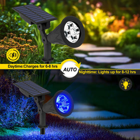 T-SUN blue solar spotlight mounted with ground stake for quick setup.