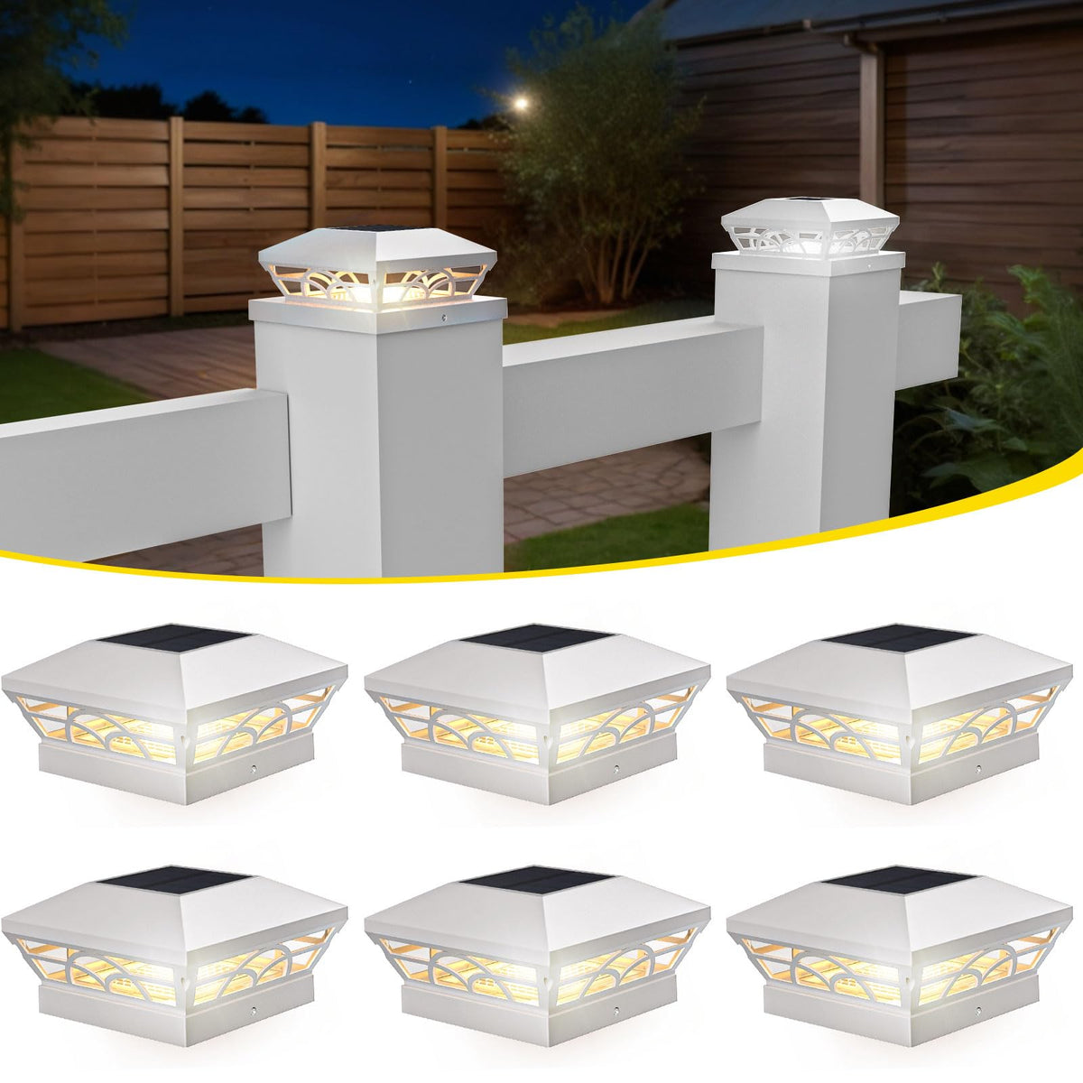 T-SUN solar post cap lights six-pack around a post for evening ambiance.